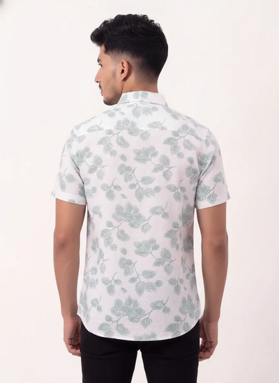 Slim Fit Cotton Fern Printed S/S Shirt - Light Blue