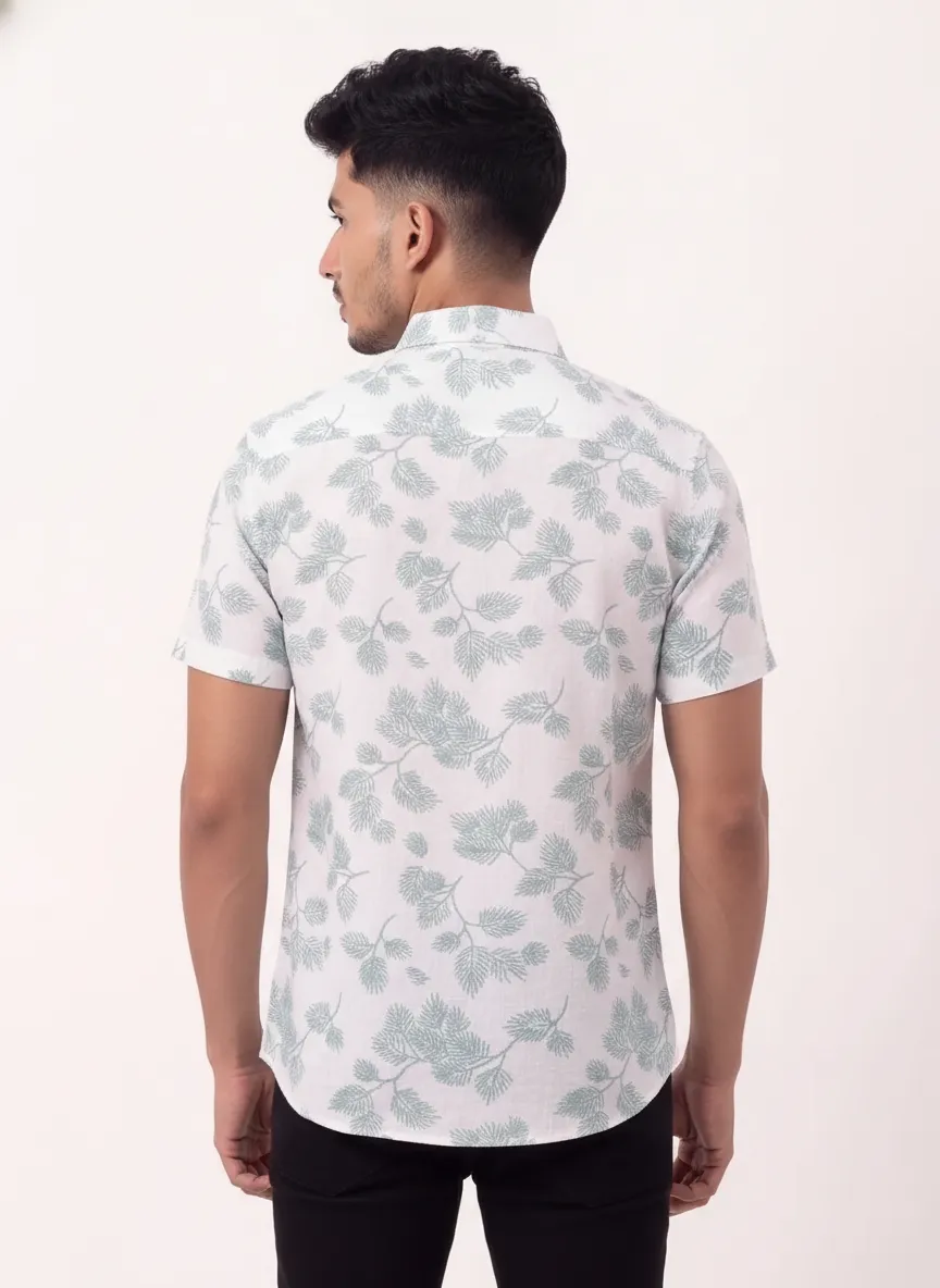 Slim Fit Cotton Fern Printed S/S Shirt - Light Blue