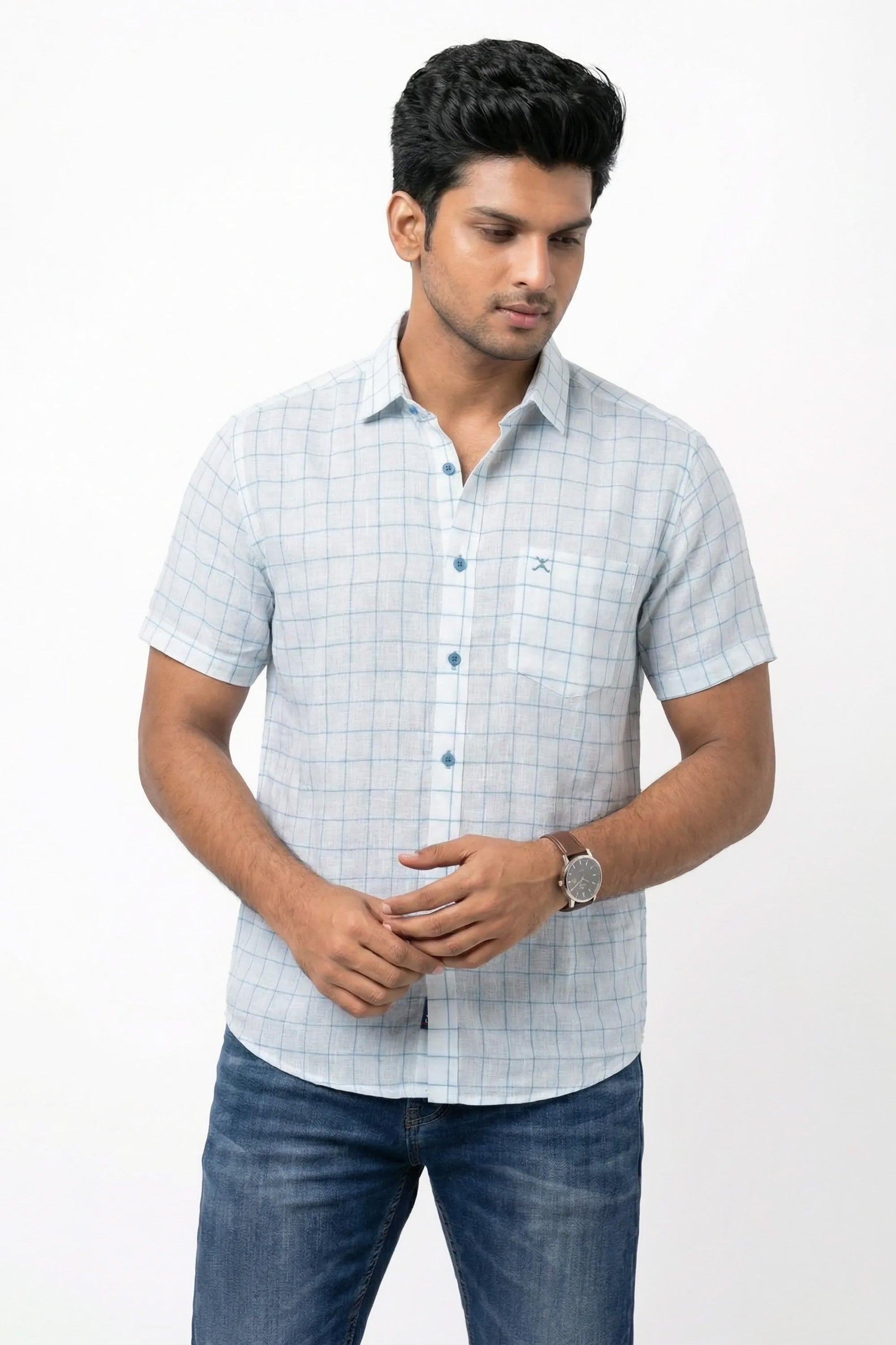 Slim Fit Cotton Linen Checks S/S Shirt