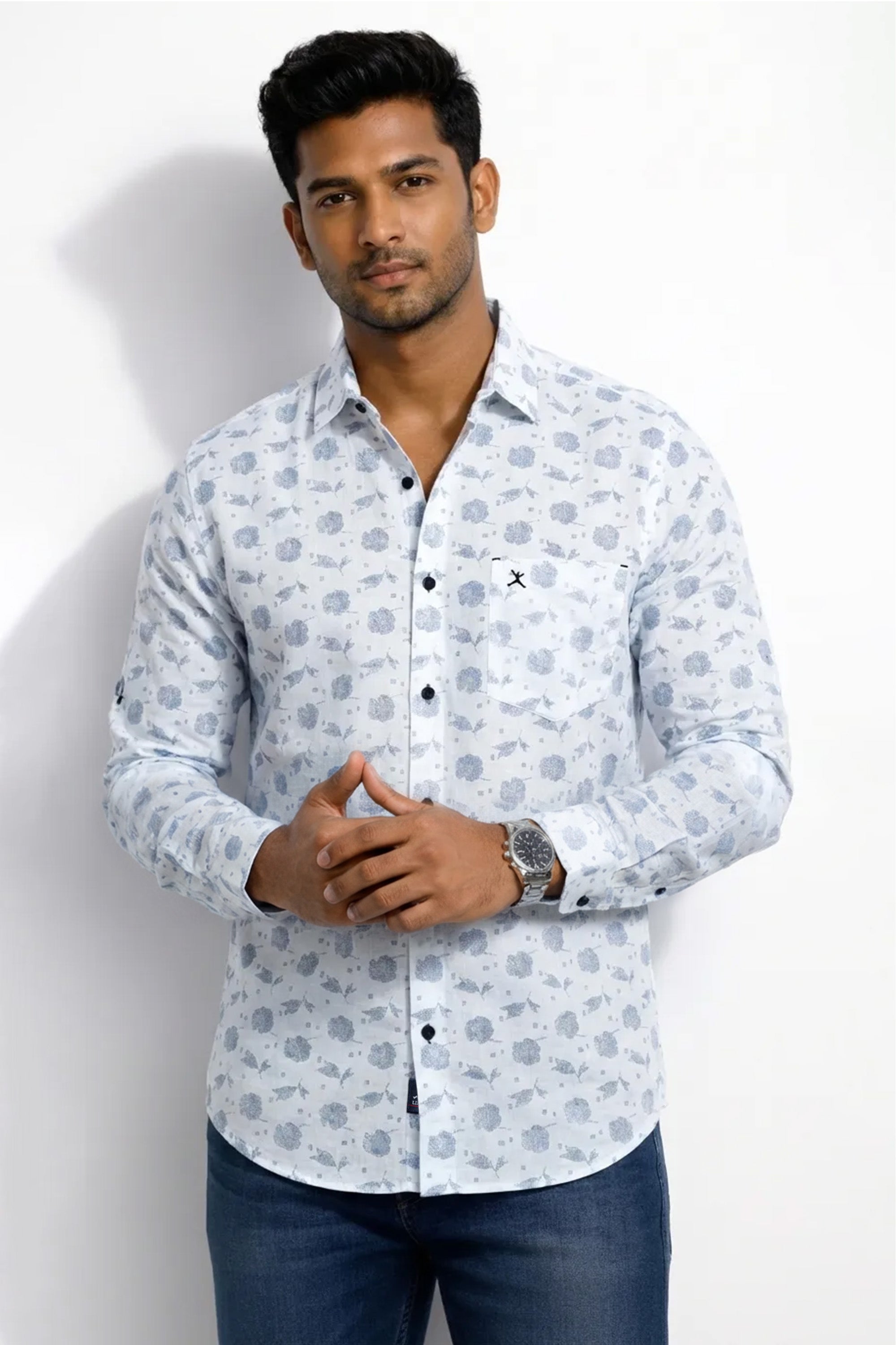 Slim Fit Cotton Linen Printed L/S Shirt