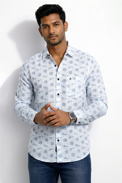 Slim Fit Cotton Linen Printed L/S Shirt