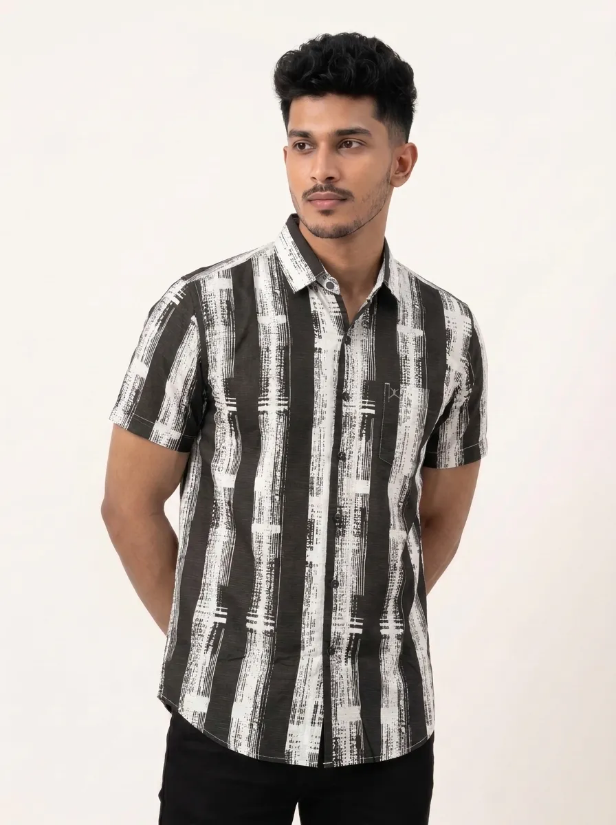 Slim Fit Cotton Linen Stripes Shirt S/S - Brown