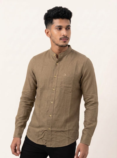 Slim Fit Cotton Linen L/S Shirt - Brown