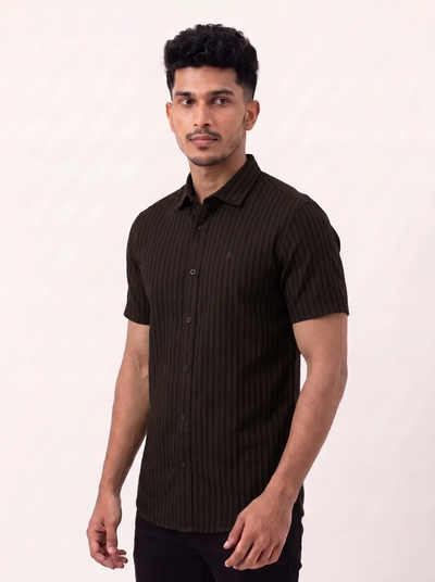 Slim Fit Cotton Linen Stripes S/S Shirt - Brown