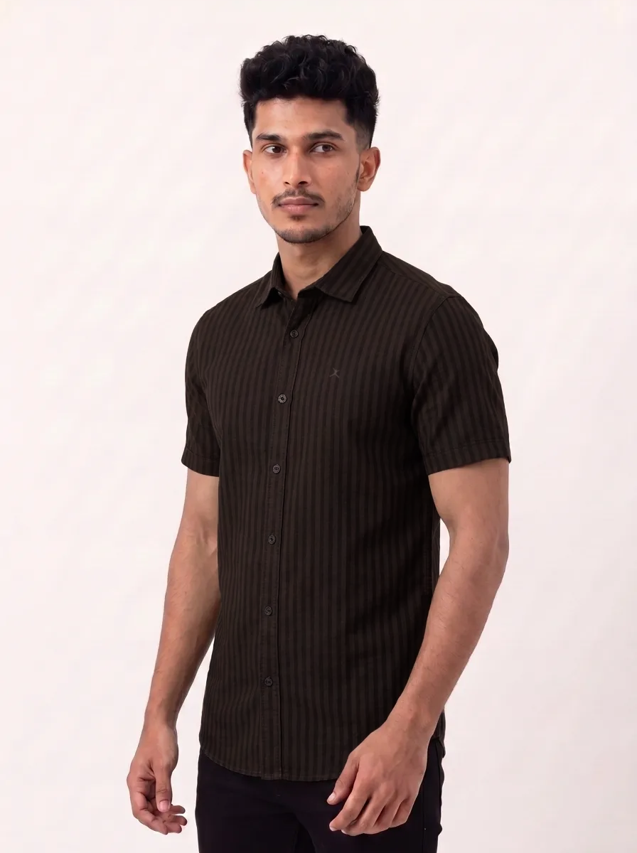 Slim Fit Cotton Linen Stripes S/S Shirt - Brown