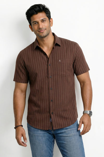 Slim Fit Cotton Linen Stripes S/S Shirt