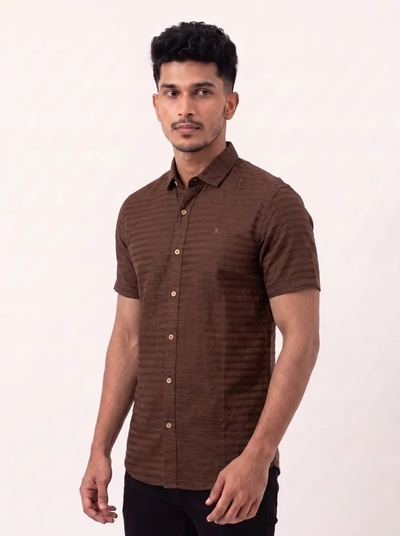 Slim Fit Cotton Stripes S/S Shirt - Brown