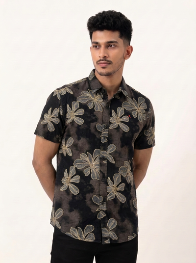 Slim Fit Cotton Printed S/S Shirt - Dark Brown