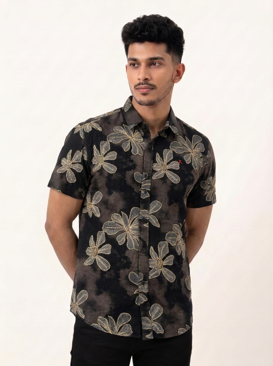 Slim Fit Cotton Printed S/S Shirt - Dark Brown