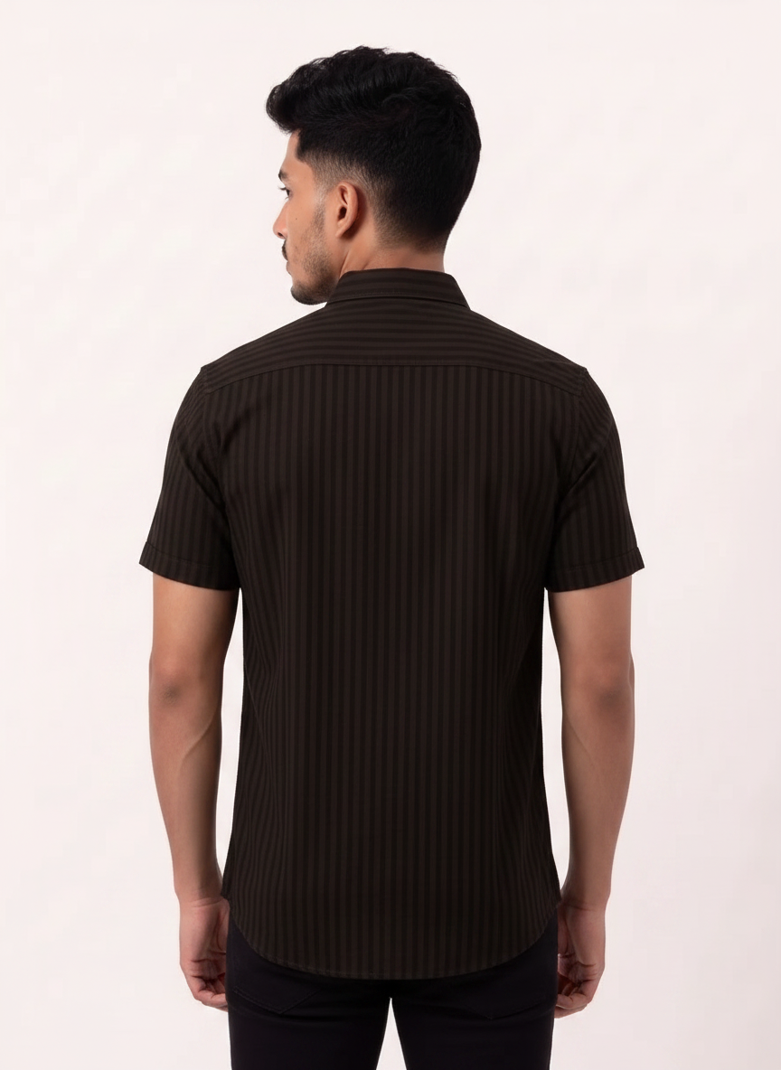 Slim Fit Cotton Linen Stripes S/S Shirt - Brown