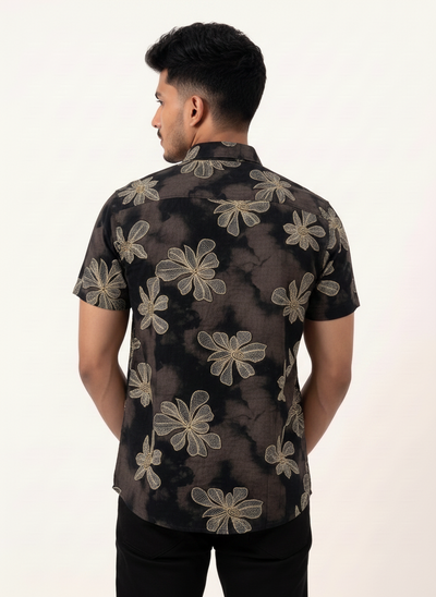 Slim Fit Cotton Printed S/S Shirt - Dark Brown