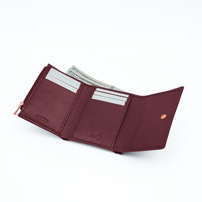 Italian Leather Ladies Tri Fold Wallet - Burgundy