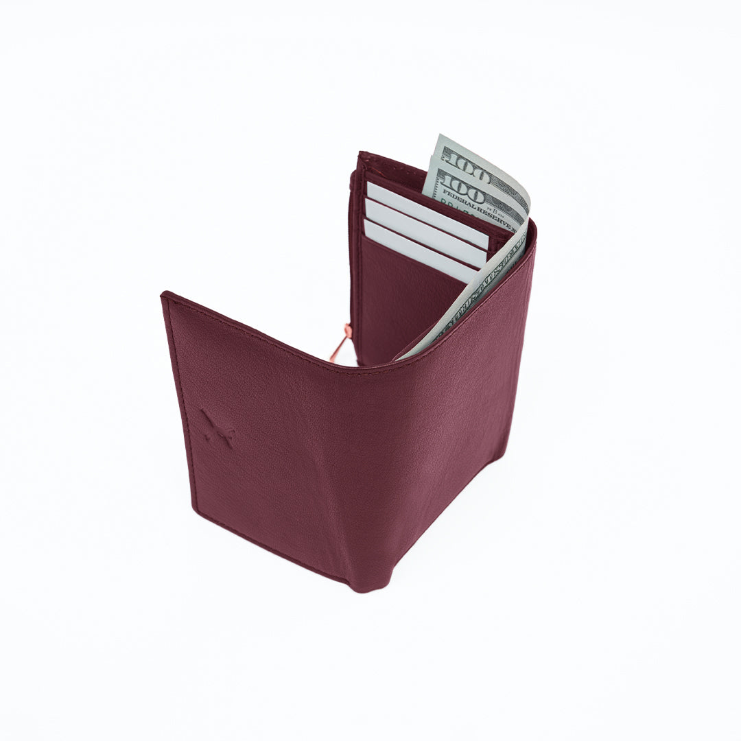 Italian Leather Ladies Tri Fold Wallet - Burgundy