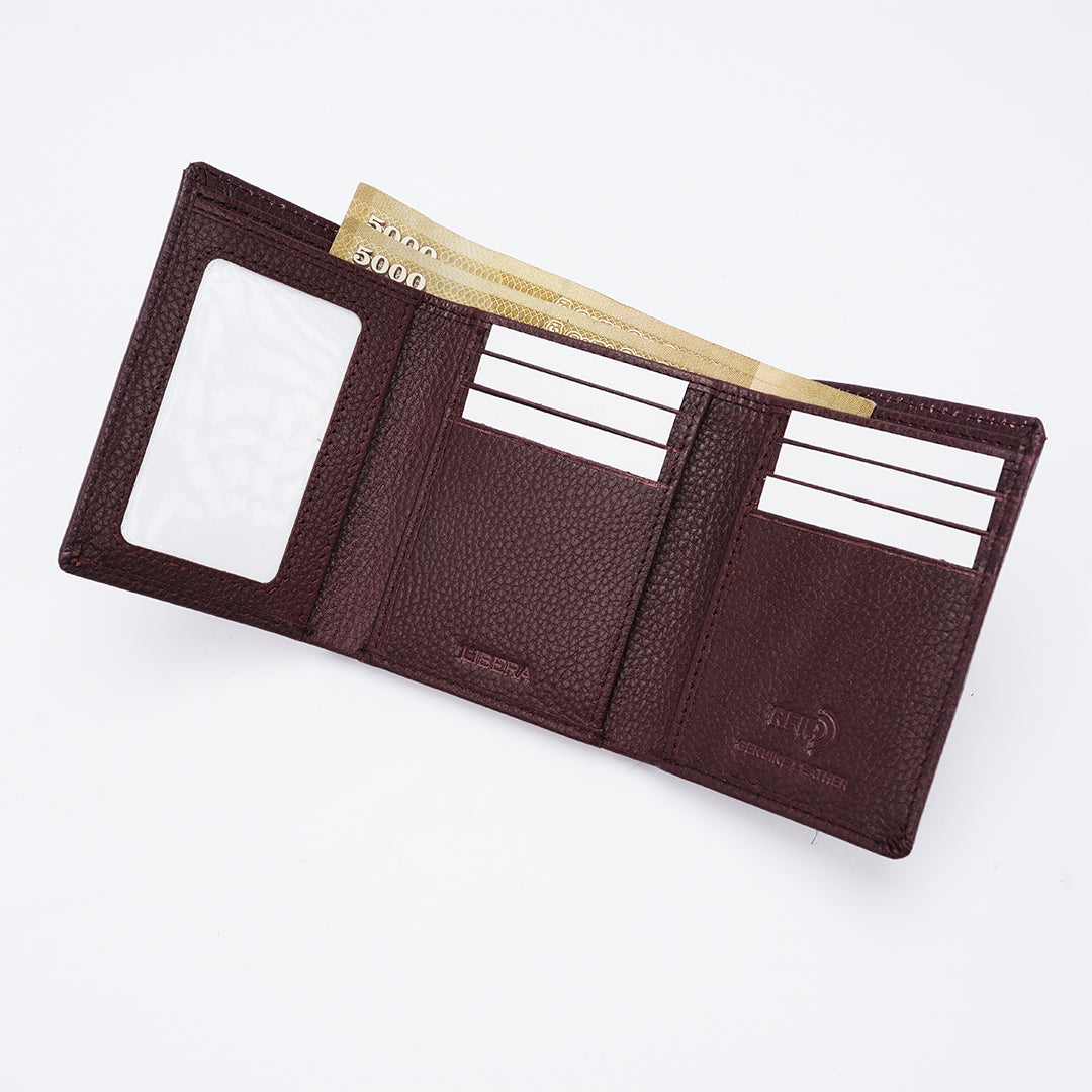 Genuine Leather RFID Tri Fold Wallet - Burgundy