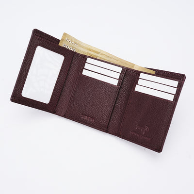 Genuine Leather RFID Tri Fold Wallet - Burgundy