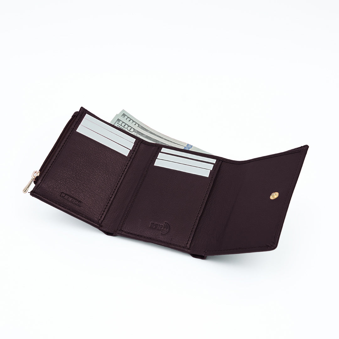 Italian Leather Ladies Tri Fold Wallet - Coffee Brown
