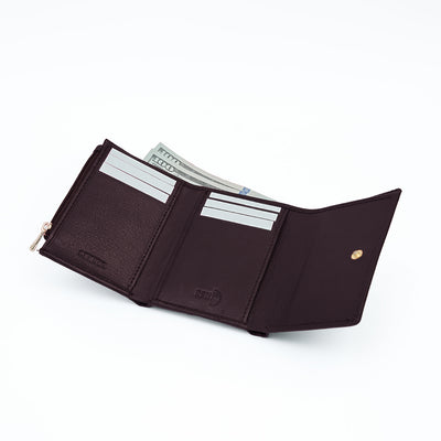 Italian Leather Ladies Tri Fold Wallet - Coffee Brown