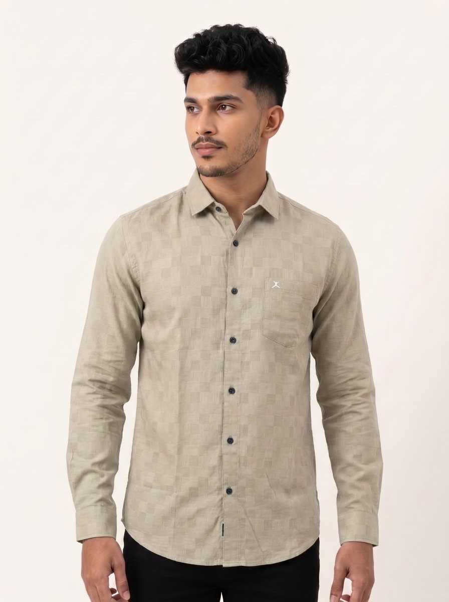 Slim Fit Cotton Plain L/S Shirt - Cream