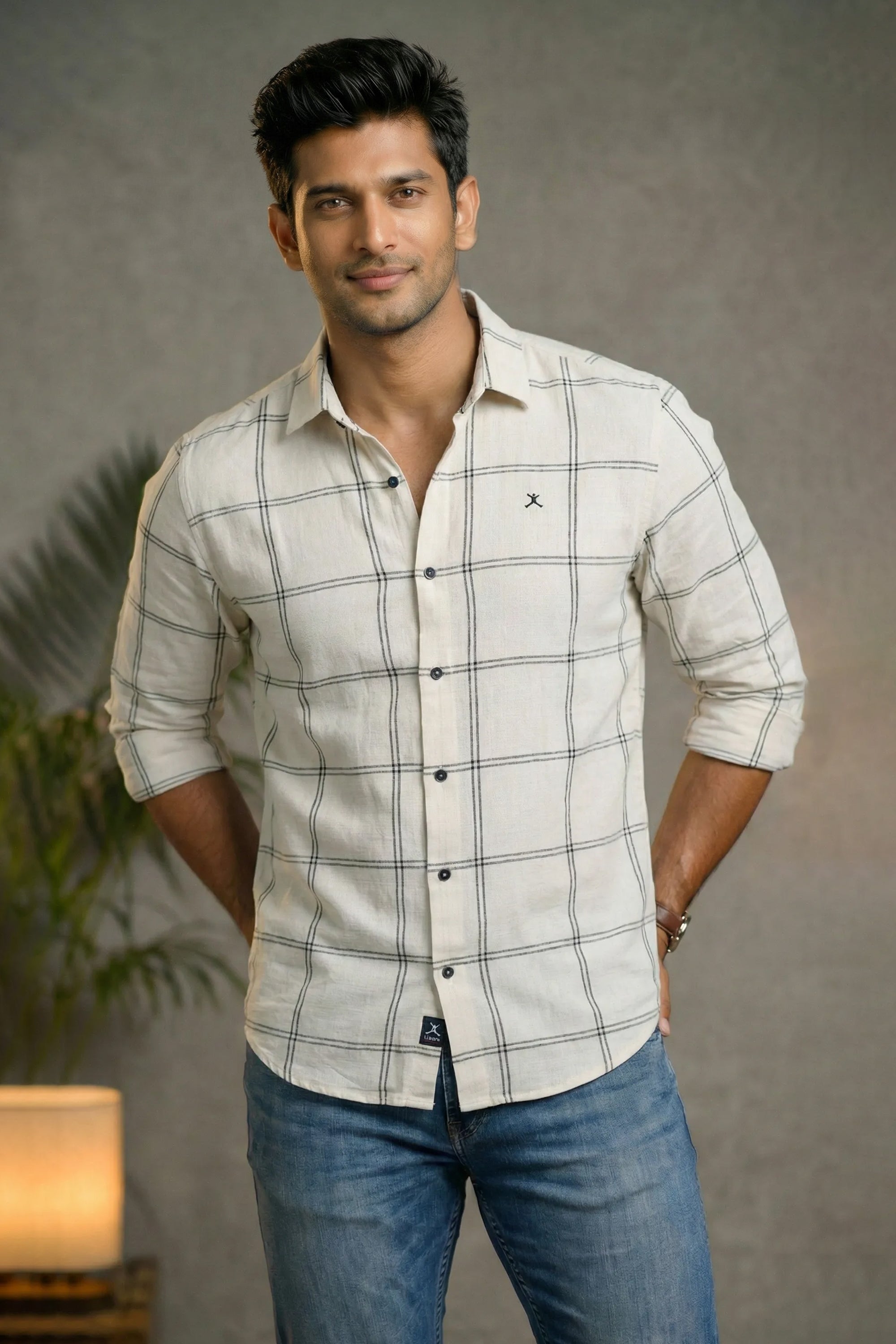 Slim Fit Cotton Linen Stripe Checks L/S Shirt