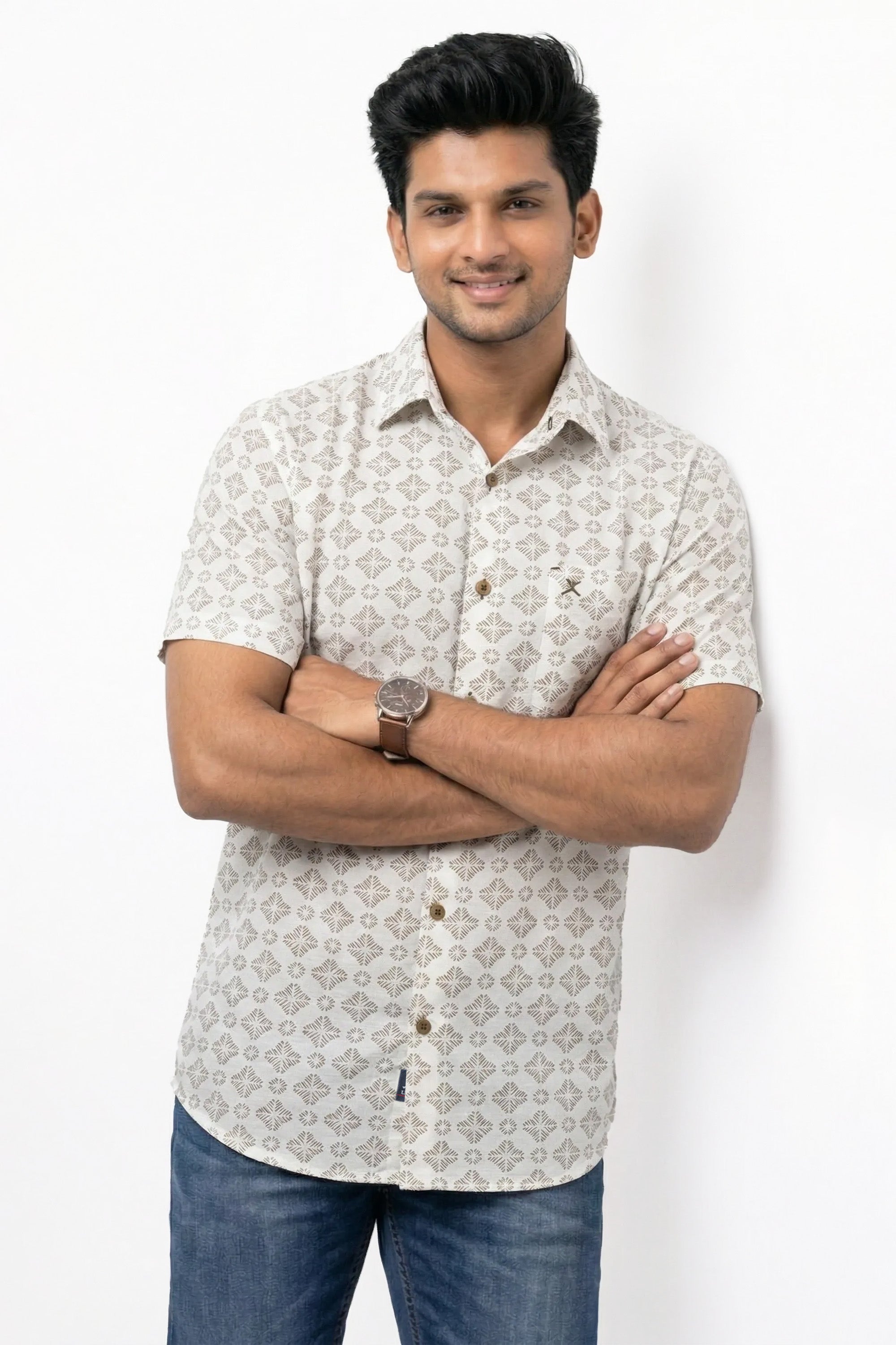 Slim Fit Cotton Linen Printed S/S Shirt