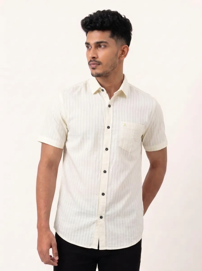 Regular Fit Cotton Linen Stripe S/S Shirt - Cream