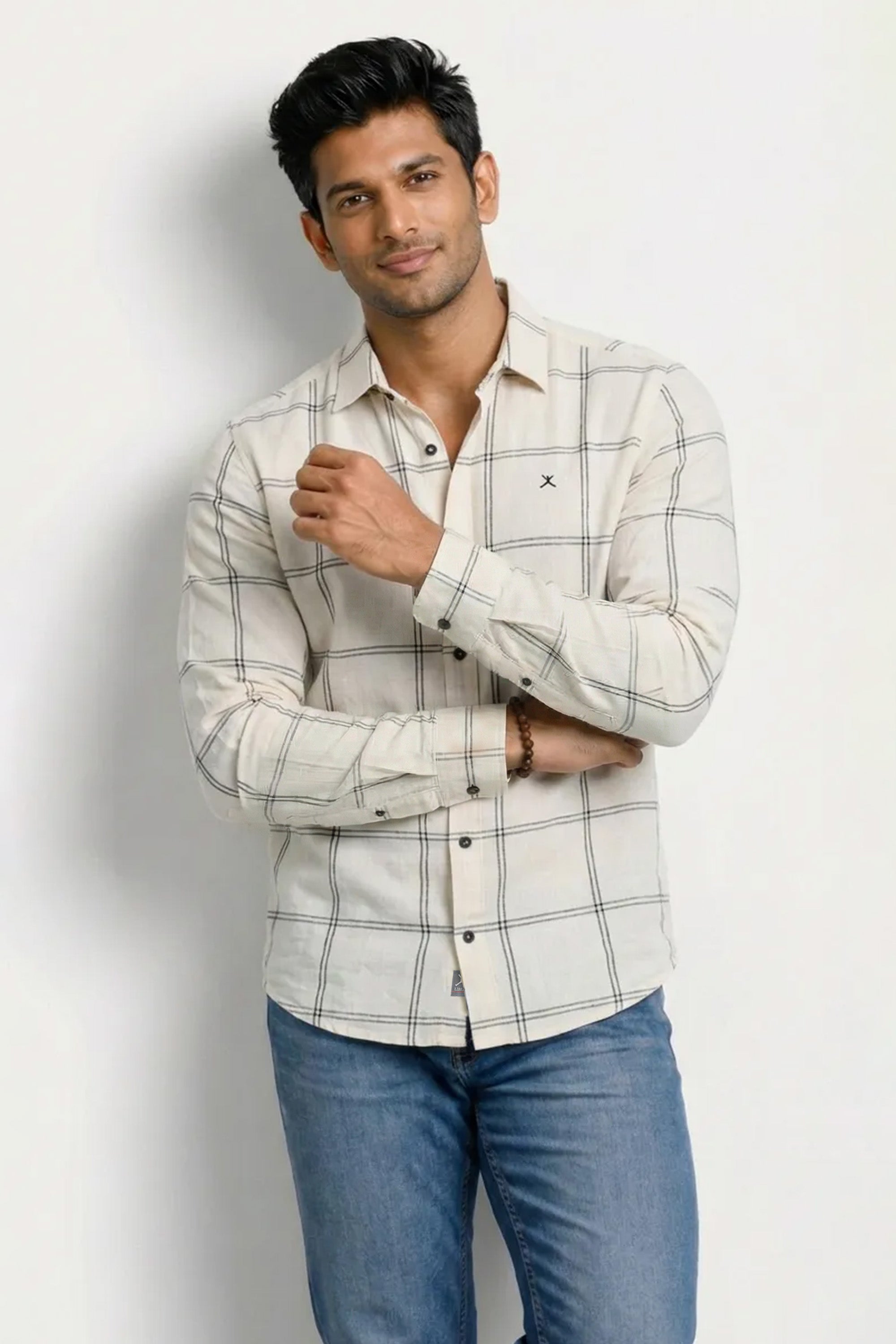 Slim Fit Cotton Linen Stripe Checks L/S Shirt