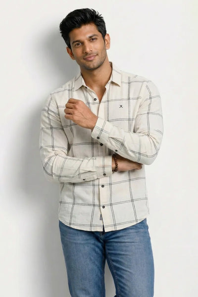 Slim Fit Cotton Linen Stripe Checks L/S Shirt