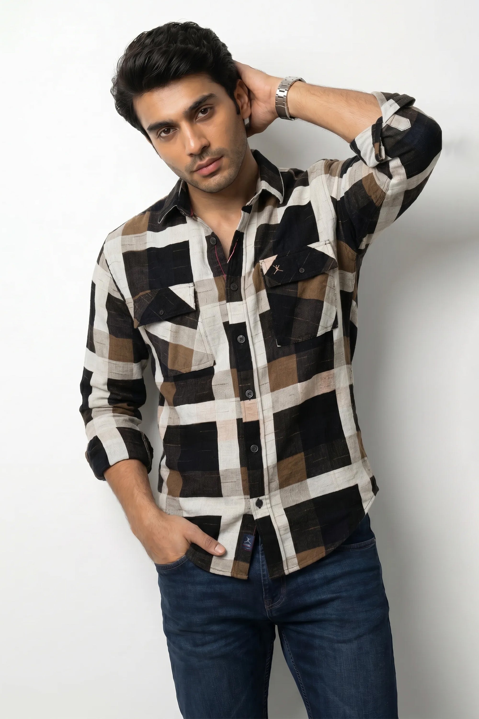 Slim Fit Cotton Double Pocket Check L/S Shirt