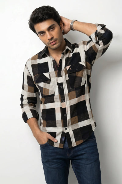 Slim Fit Cotton Double Pocket Check L/S Shirt