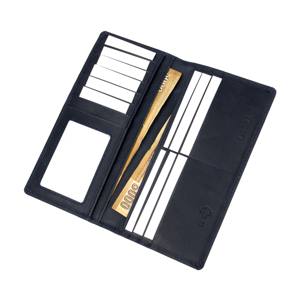 Italian Leather RFID Long Wallet - Navy Blue