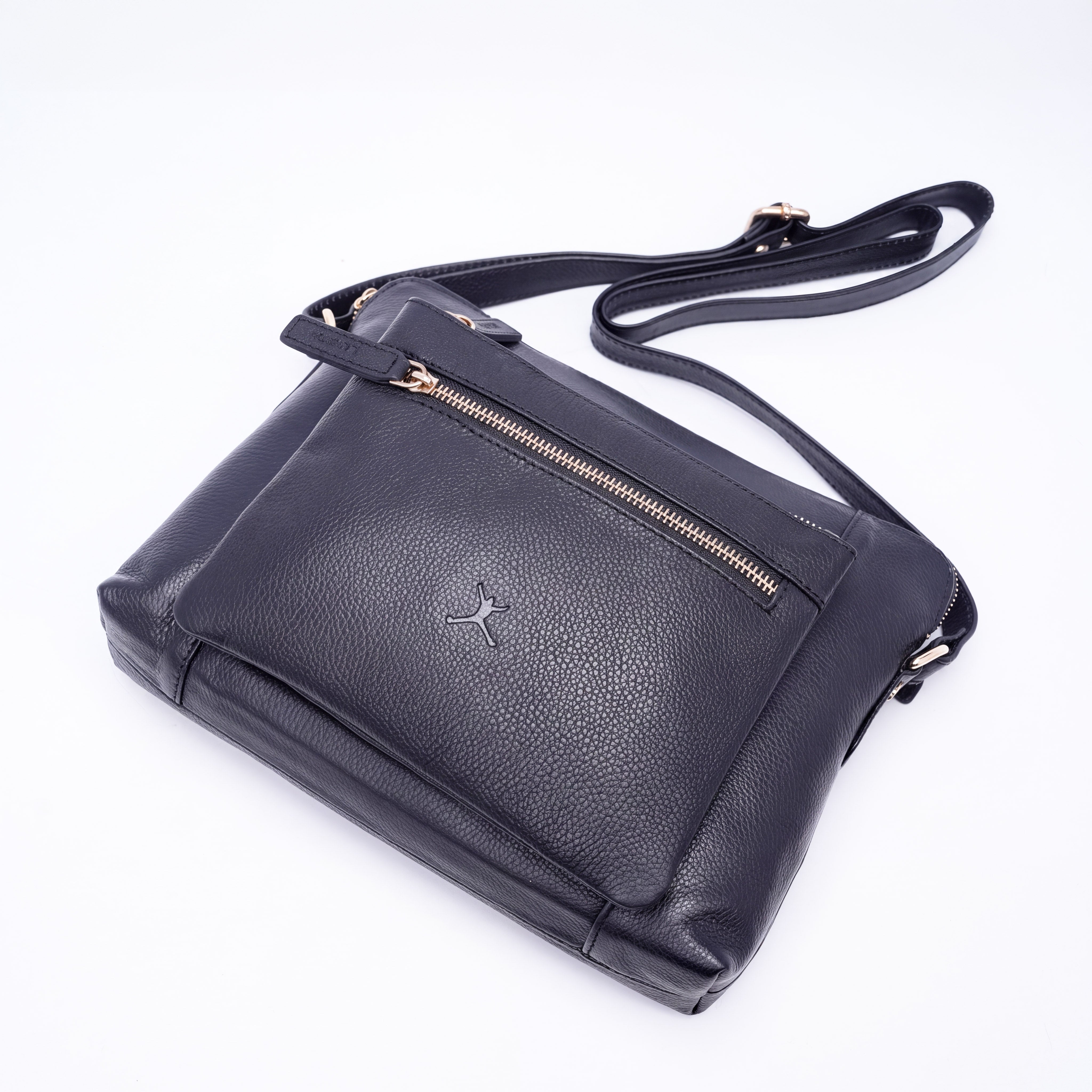 Italian Leather Cross Body Handbag - Black
