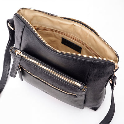 Italian Leather Cross Body Handbag - Black