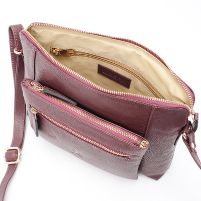 Italian Leather Cross Body Handbag - Burgundy