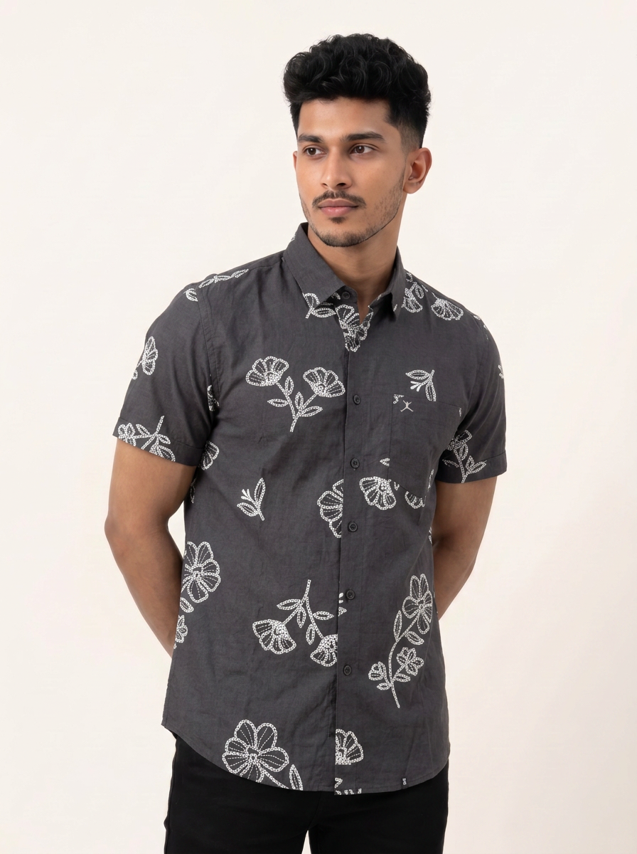 Slim Fit Cotton Floral Printed S/S Shirt - Dark Gray
