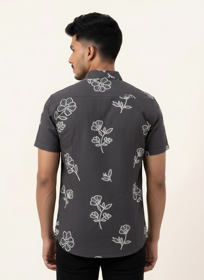 Slim Fit Cotton Floral Printed S/S Shirt - Dark Gray