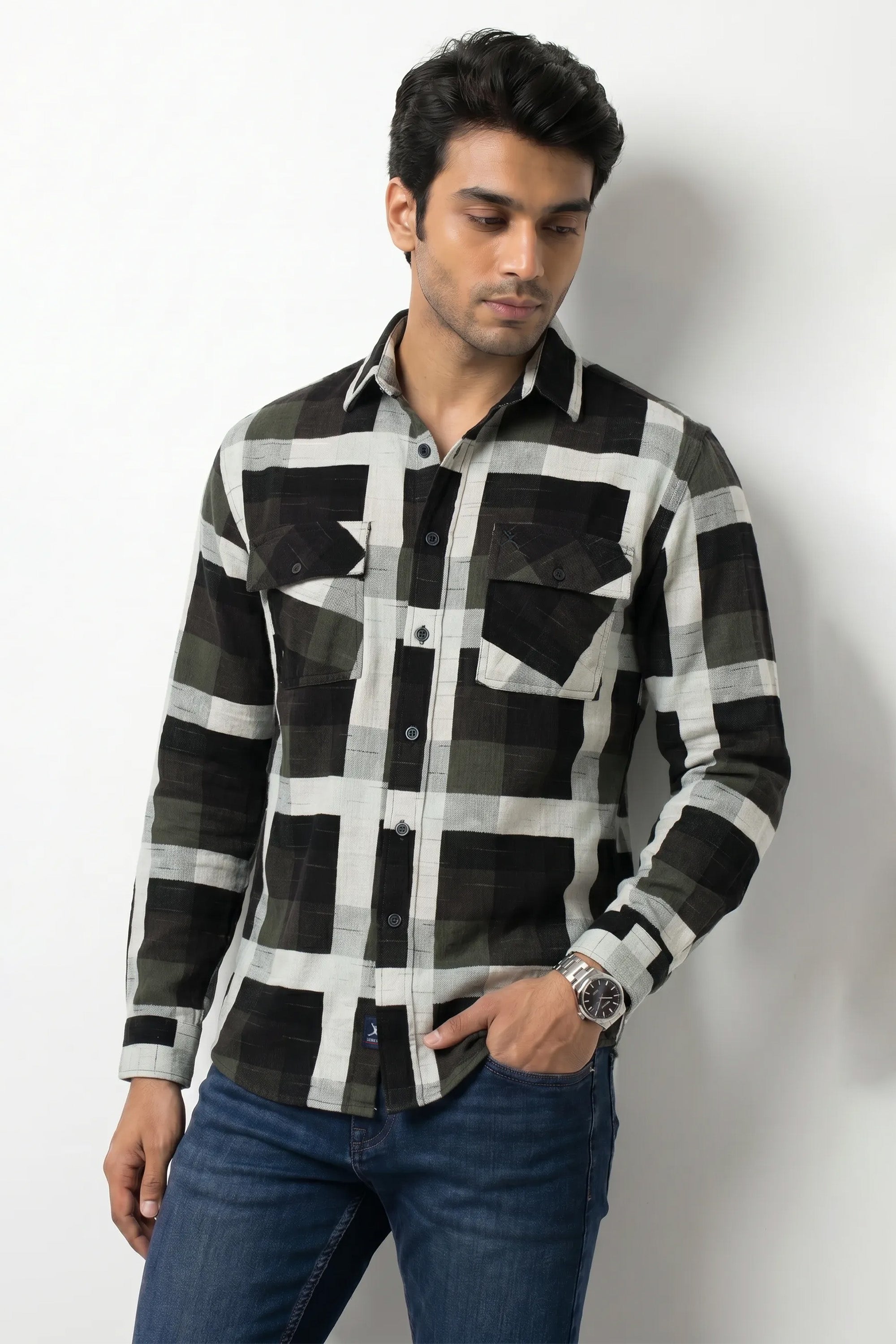 Slim Fit Cotton Double Pocket Check L/S Shirt