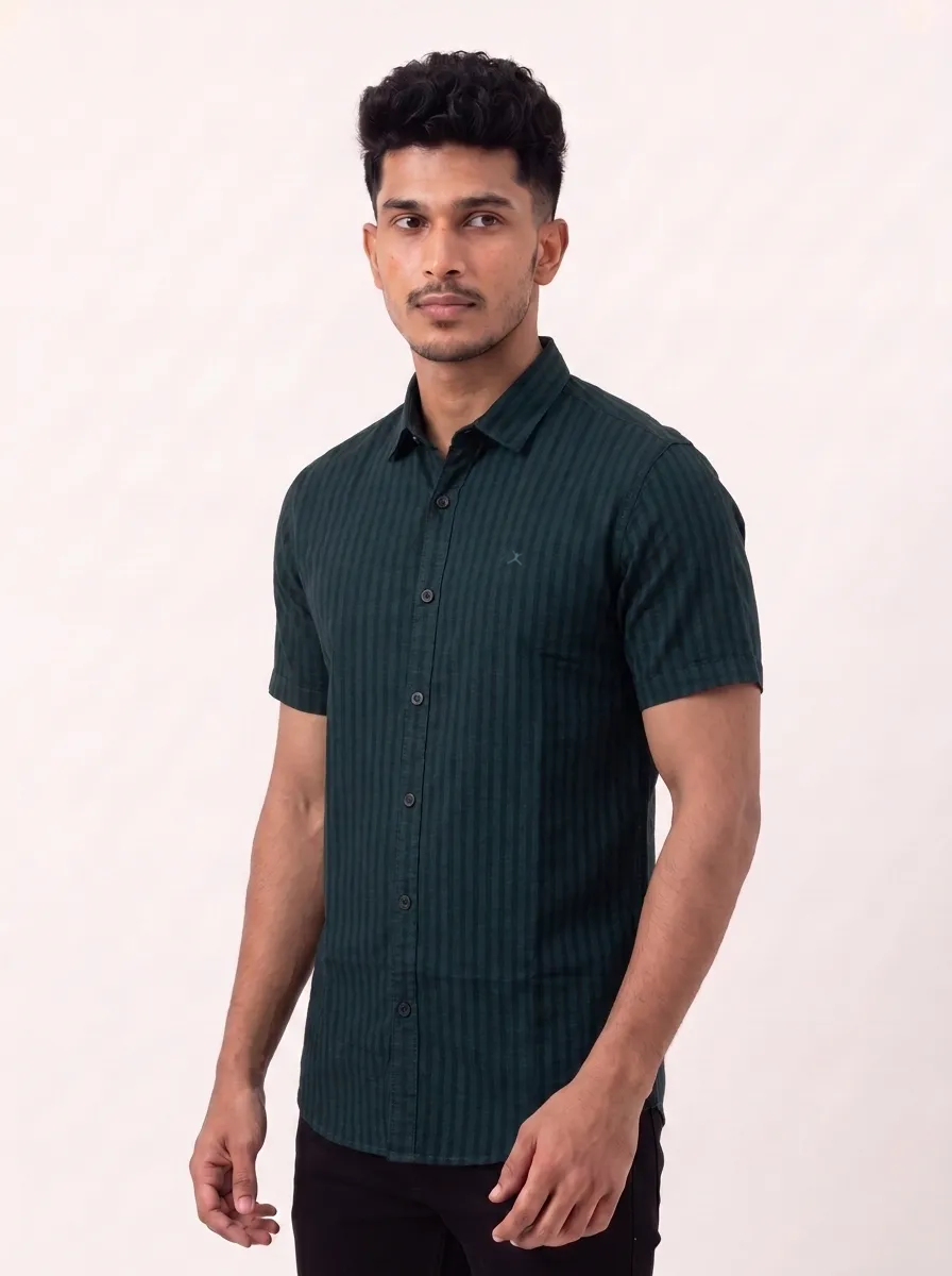 Slim Fit Cotton Linen Stripes S/S Shirt - Dark Green