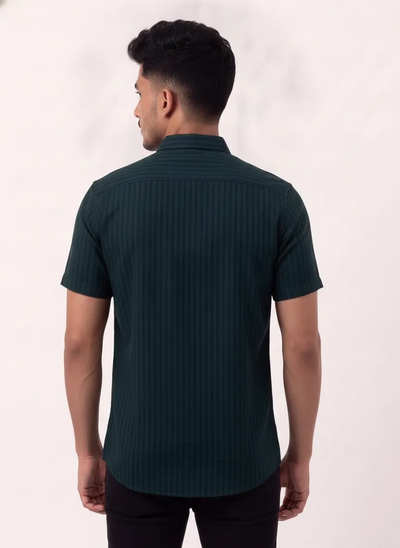Slim Fit Cotton Linen Stripes S/S Shirt - Dark Green