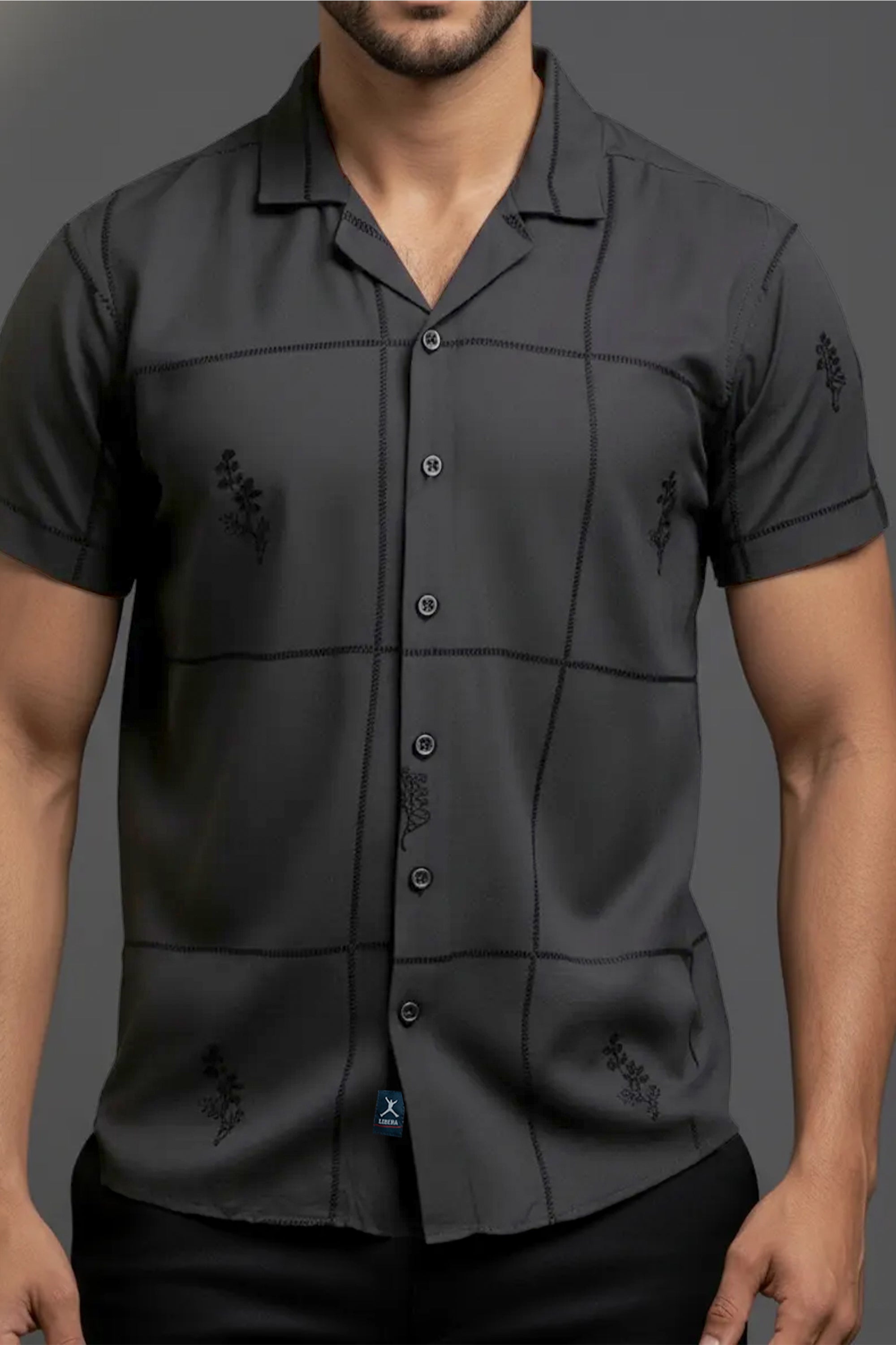 Slim Fit Printed S/S Shirt - Dark Gray