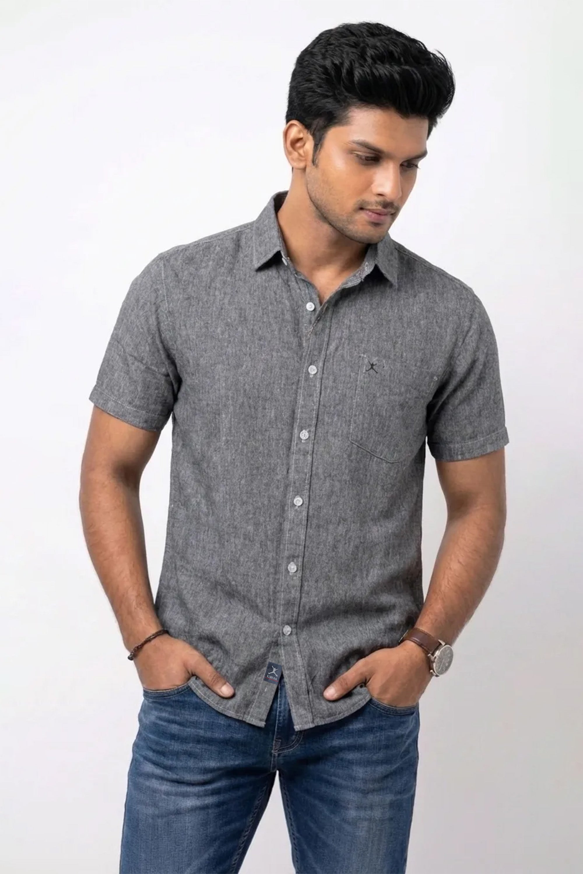 Slim Fit Cotton Linen Plain S/S Shirt