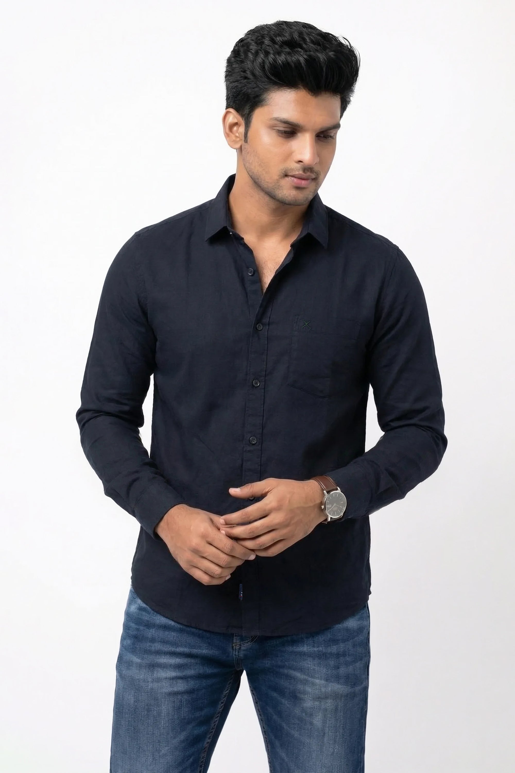 Slim Fit Cotton Linen Plain L/S Shirt