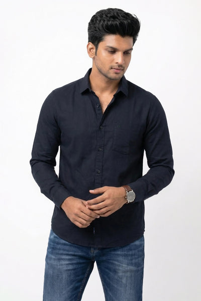 Slim Fit Cotton Linen Plain L/S Shirt