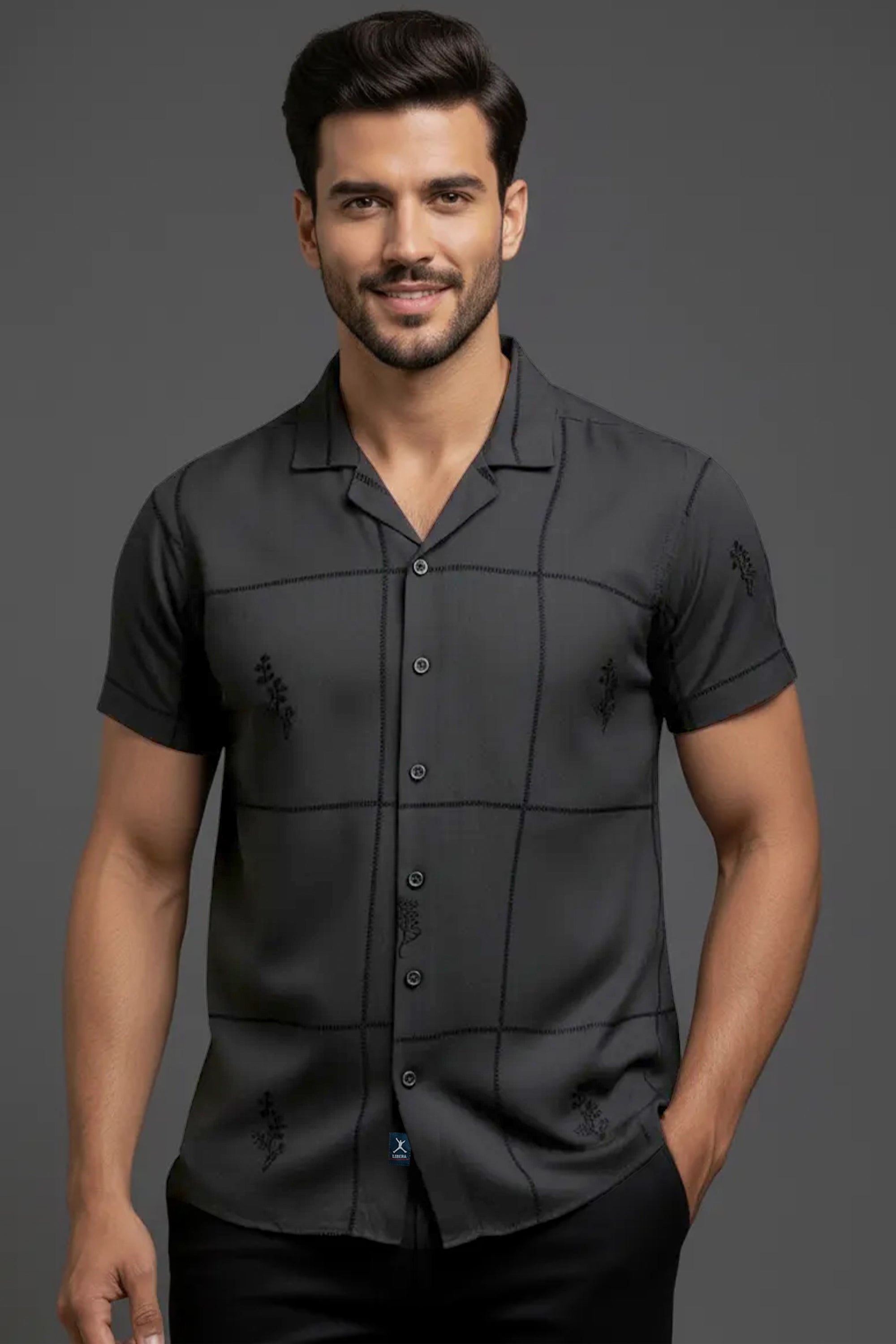 Slim Fit Printed S/S Shirt - Dark Gray