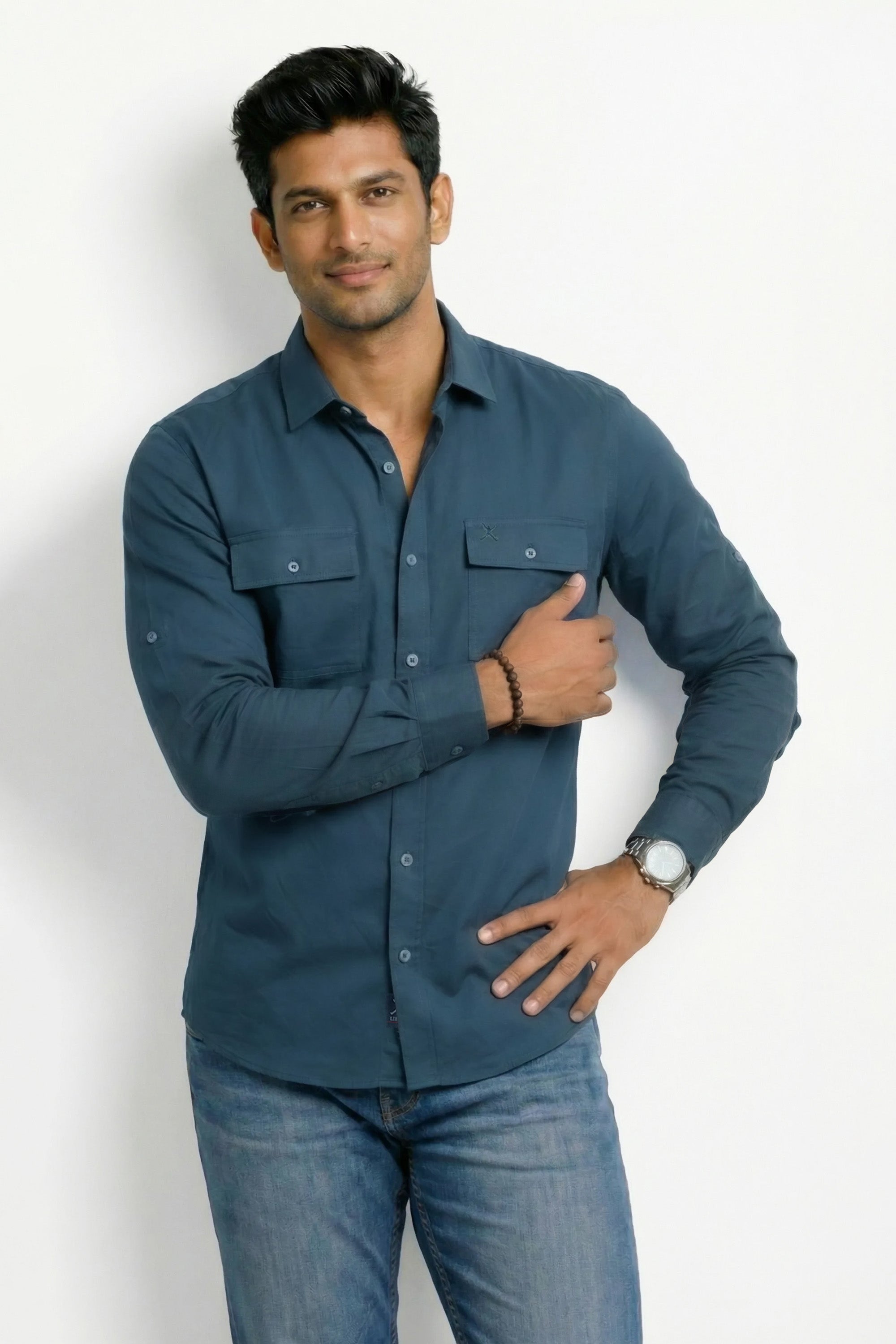 Slim Fit Cotton Double Pocket L/S Shirt