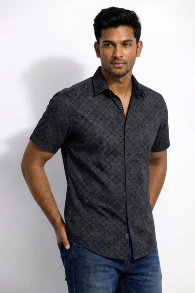 Slim Fit Cotton Linen Printed S/S Shirt