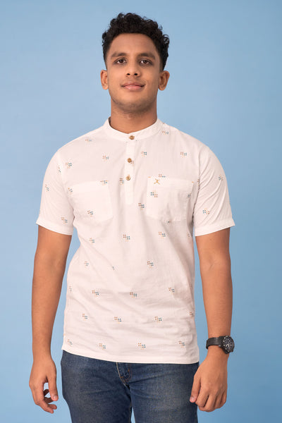 Regular Fit Printed Half Kurta Shirt - S/S - Green | Beige - Bricks