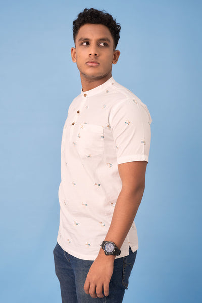 Regular Fit Printed Half Kurta Shirt - S/S - Green | Beige - Bricks