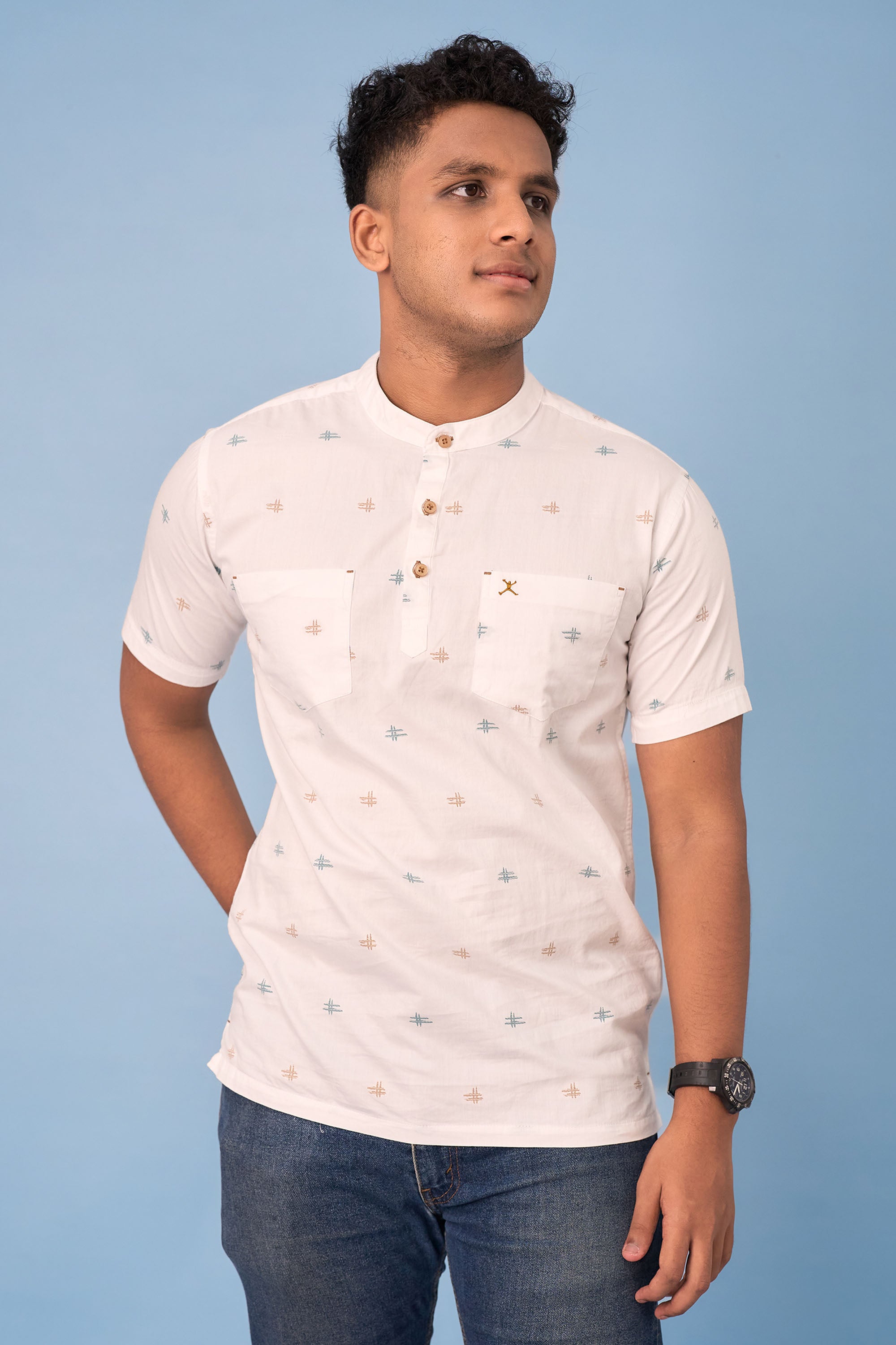 Regular Fit Printed Half Kurta Shirt - S/S - Green | Beige