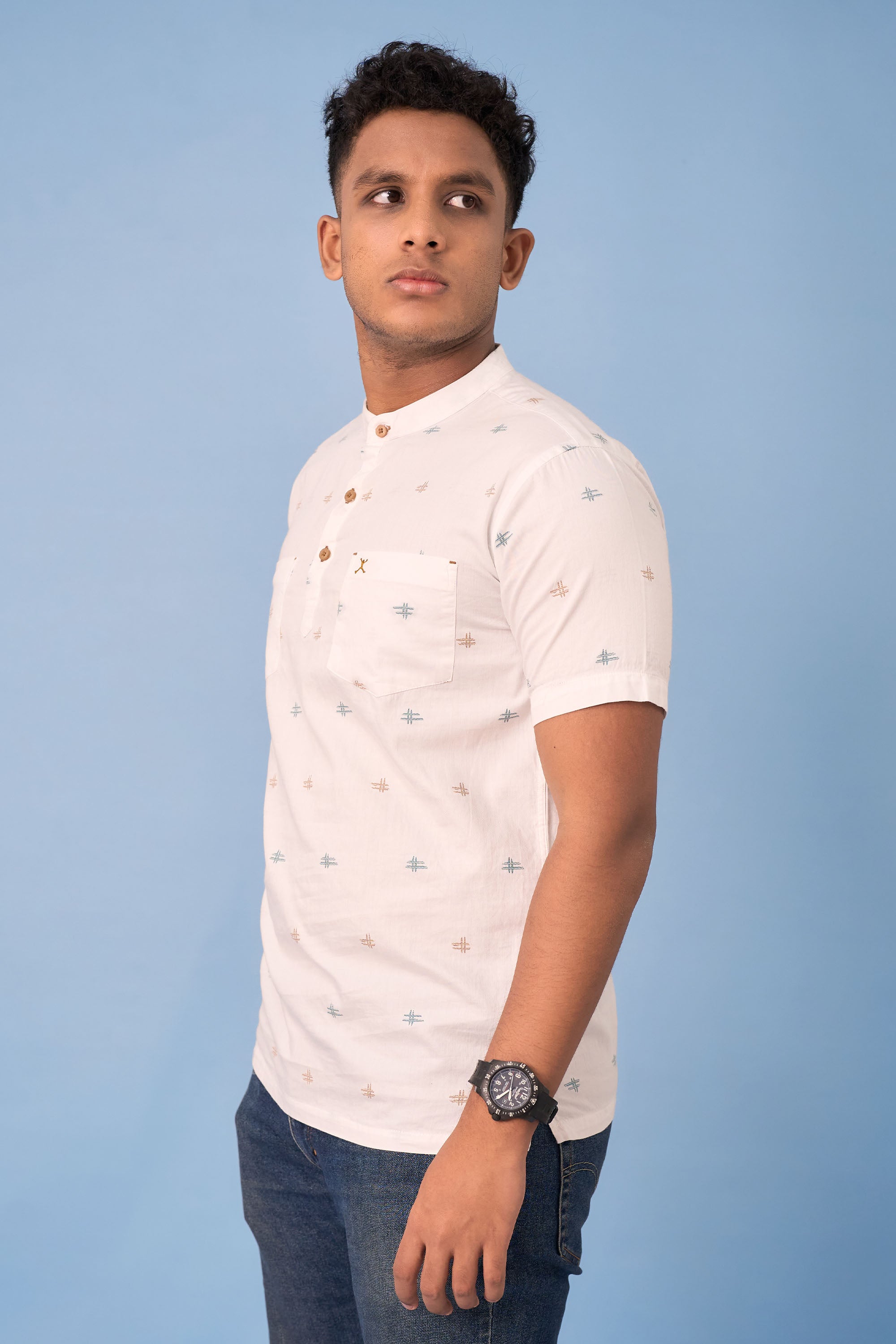 Regular Fit Printed Half Kurta Shirt - S/S - Green | Beige