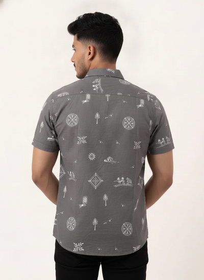 Slim Fit Cotton Leaf Printed S/S Shirt - Gray